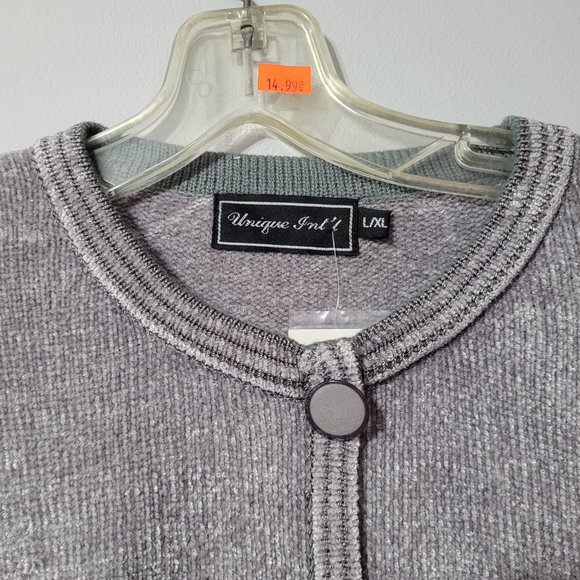 Vintage chenille beaded pullover cardigan sweater, grey, L to XL - Picture 4 of 7